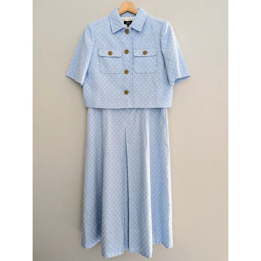 ME+EM Jacquard Fit and Flare Midi Dress and Cropped Jacket Set Chambray Blue 12